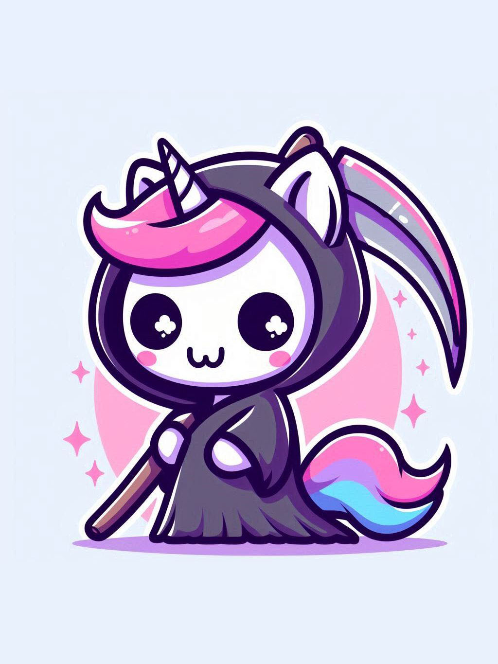 Halloween unicorn illustration ideas featuring a cute unicorn dressed as a Grim Reaper with a pink mane and a scythe.